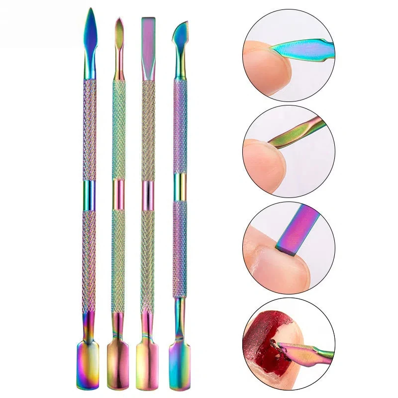 สีสันไทเทเนียมสแตนเลสสตีลเล็บชุดเครื่องมือ Cuticle Pusher ตะไบเล็บ Dead Skin Remover Kit เล็บผลิตภัณฑ์กําจัด