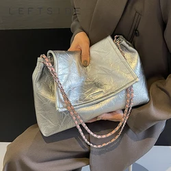 LEFTSIDE Small Design Silver Crossbody Bags for Women 2024 Korean Fashion Handbags and Purses Leather Chain Shoulder Bag