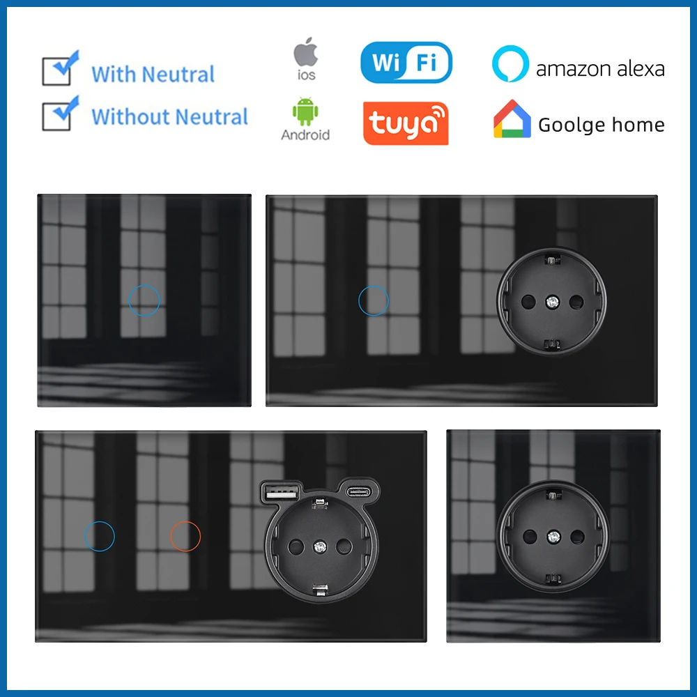 VISWE Wifi Smart Switch, painel de vidro temperado preto 153mm * 82mm Interruptor de toque e soquetes de parede da UE 220V Alexa Tuya Controle remoto