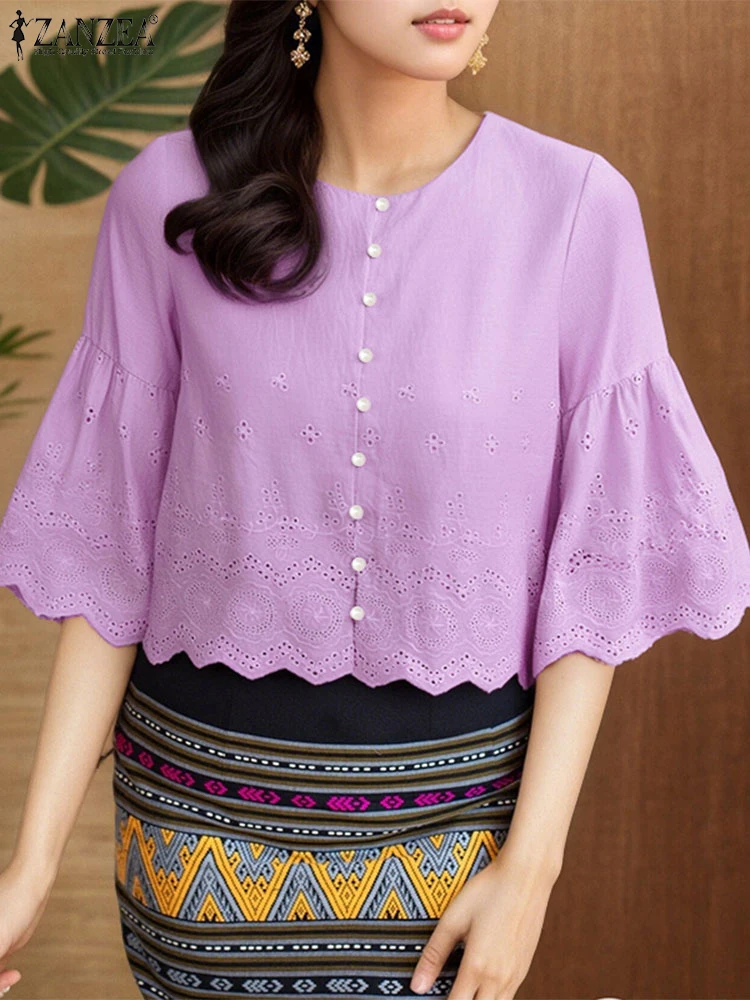 

ZANZEA Elegant Woman Embroidered Openwork Blouses 2025 Summer Fashion 3/4 Flare Sleeve O-Neck Blusas Mujer Cotton Button Up Tops