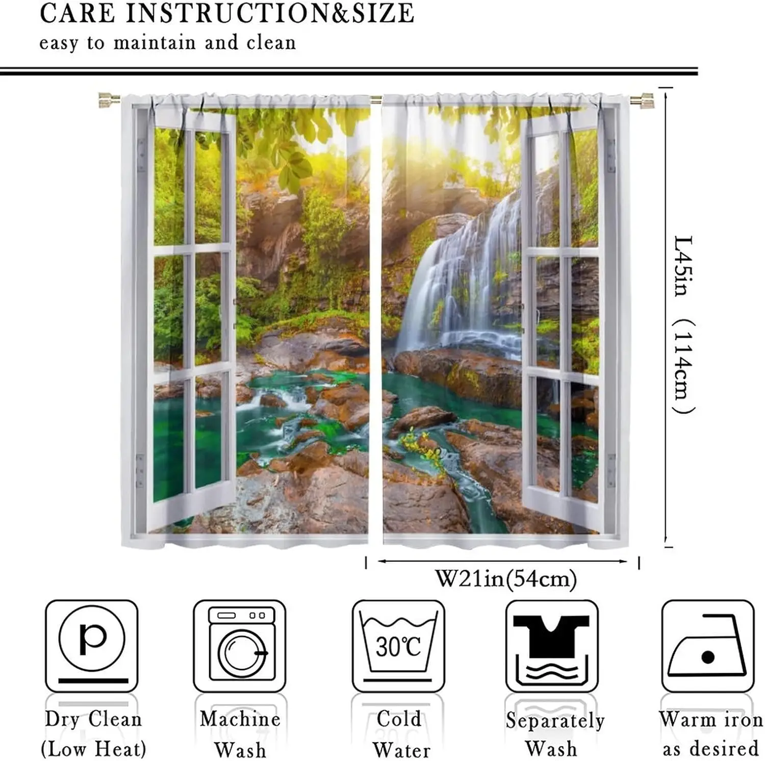 Landscape Curtains,Nature Spring Scenery View Window Forest Waterfall Landscape Scenic 3D Printed Window Treatments for Bedroom
