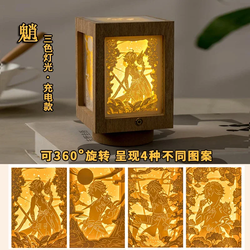 Genshin Impact LED 3D Night Light Anime Figure Xiao Wanderer Bedside Lamp 360 Degree Rotation Paper Carving Bedroom Decor Gift