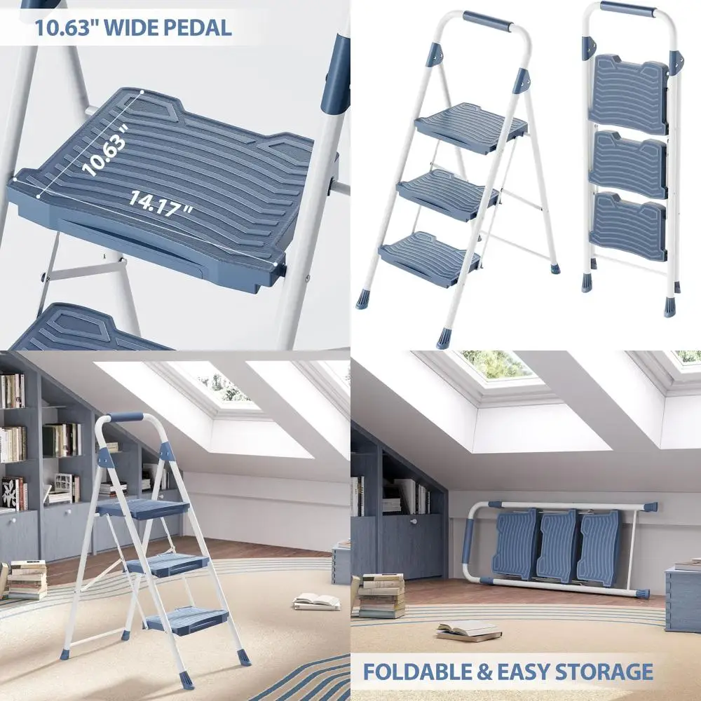 

Durable 3-Step Ladder with 900lb Capacity, Handrail, Non-Slip Treads, Foldable for Home, Workshop, and Office Use - Blue