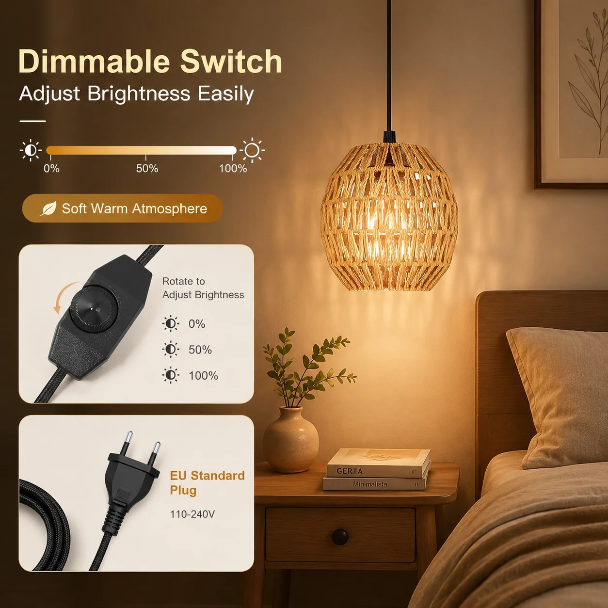 

JOYINLED Boho Wicker Chandelier with 4.5M Plug in Cord Dimming Switch Woven Lampshade Dining Table Pendant Lamp Living Room Lamp