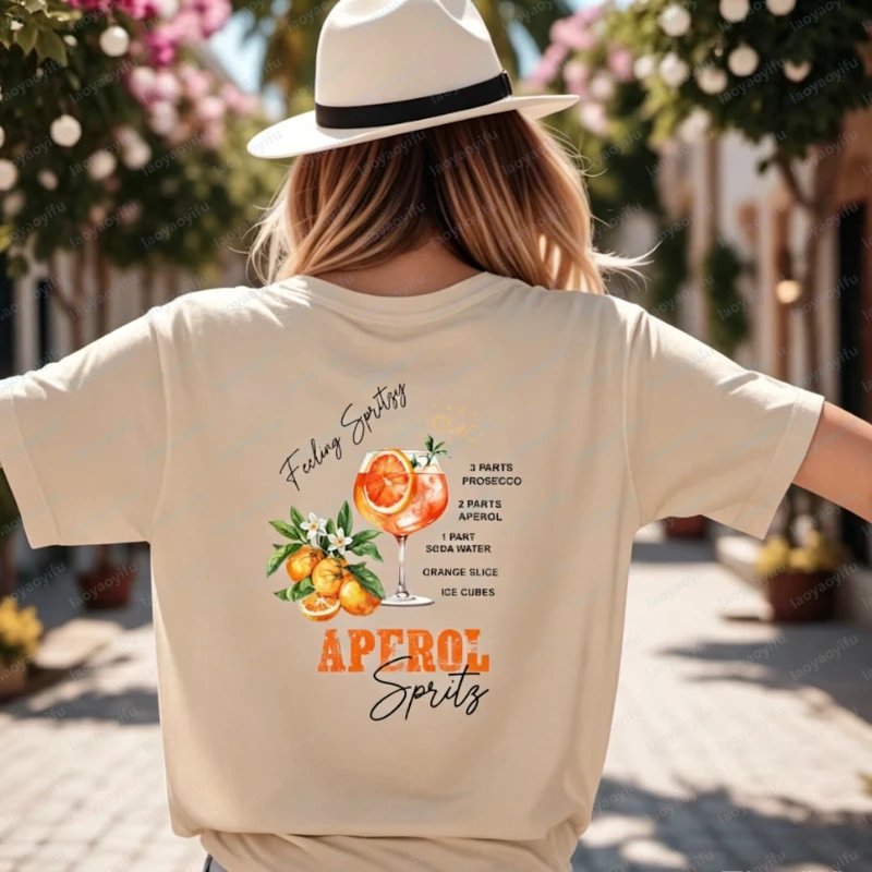 Vintage Cocktail Cotton Tee Iconic Aperol Spritz Recipe Print Casual Shirt Vacation Apparel Summer Fashion Y2k Women Clothes
