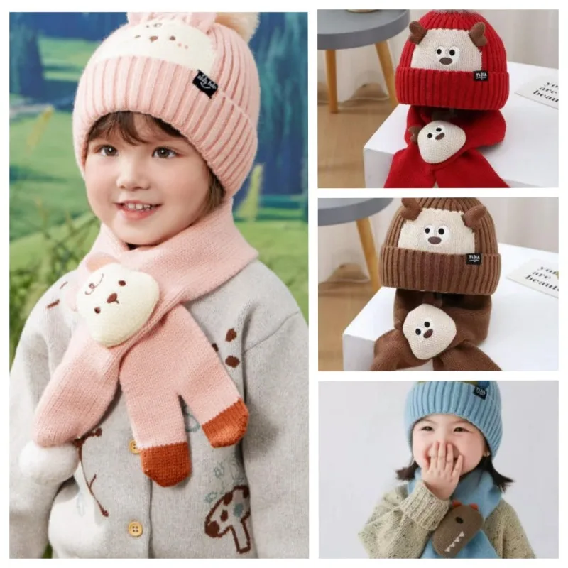 

Baby Warm Knitted Hats With Neck Warmer Winter Thick Animal Skull Cap Children Knitted Cap for Girls Boys 2-6T