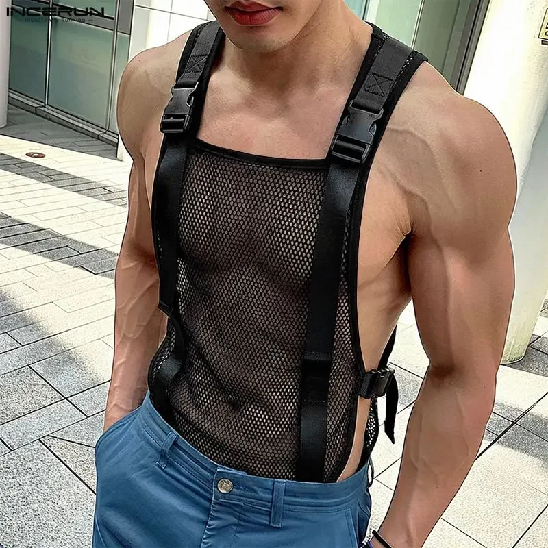 INCERUN Männer Tanktops Mesh Patchwork Durchsichtige Ärmellose Herrenwesten Streetwear Sexy Mode Männer Kleidung Tops Für Mann 2026