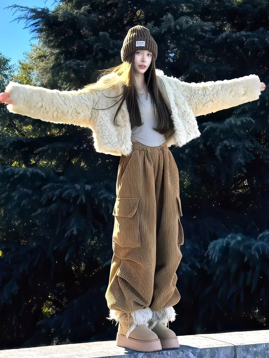 

Warm Fluffy Lamb Fur ort Coat Women's Cotton Clothes V-ne Single Button Closure Long Sve Pure Color Winter New Arrival