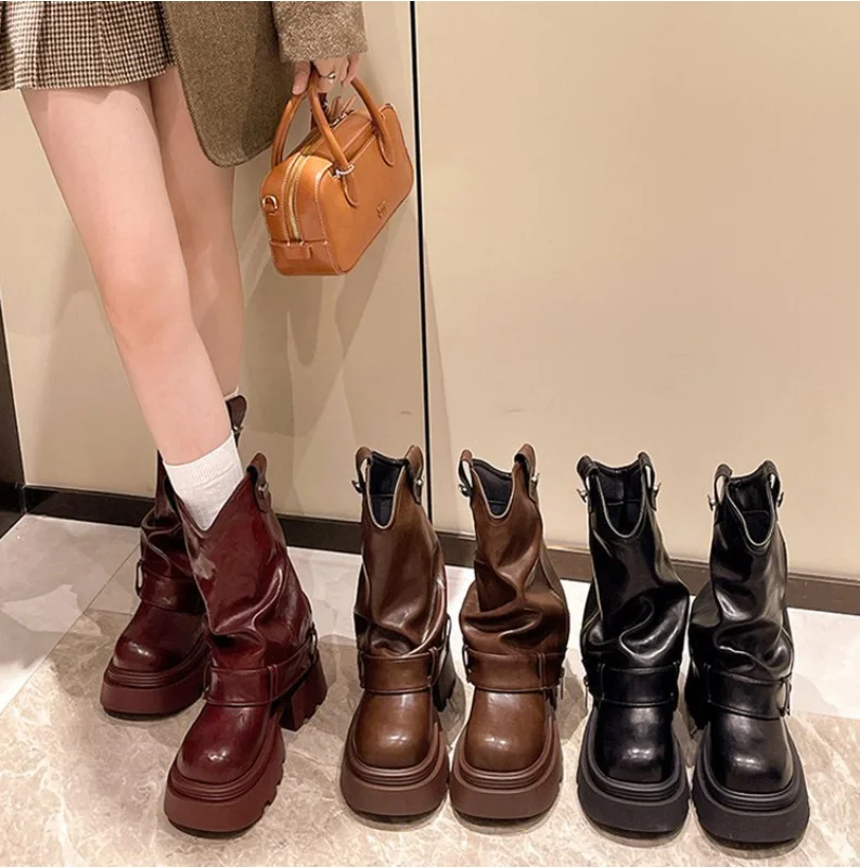 

Wine Red Designer Vintage Women Ankle Boots Black Fashion Slip On Knight Short Booties Ladies Casaul Platform Heels Botas Mujer