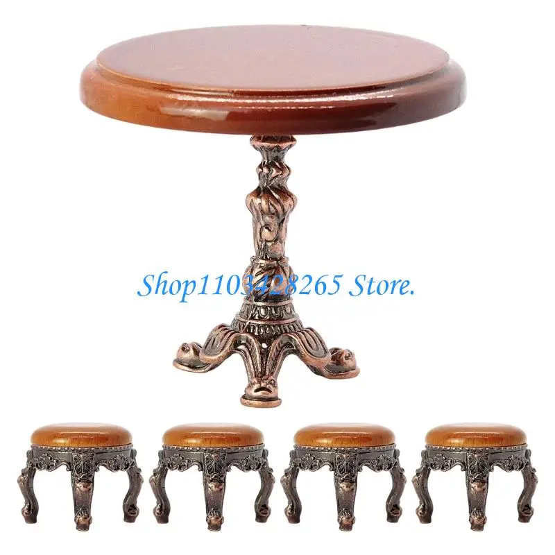 مجموعة مائدة مستديرة لبيوت الدمى بمقياس 1:12 مكونة من 4 كراسي أثاث مصغر لمشهد تناول الطعام G2TE