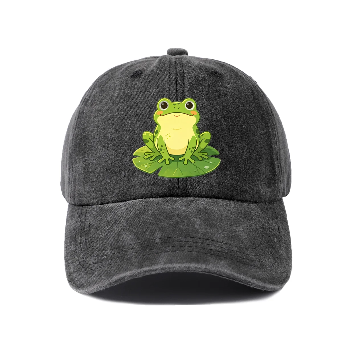 Cute Green Frog Graphic Baseball Cap, Vintage Washed Adjustable Unisex Dad Hat, Streetwear Gift