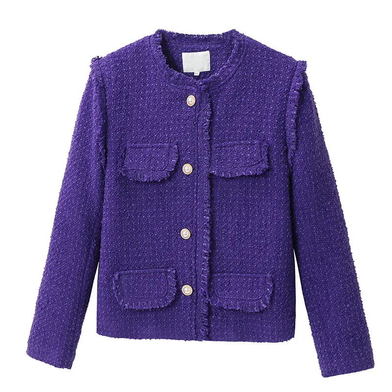 

Purple Small Fragrant Wind Coarse Tweed Coat 2024 New Spring and Autumn Season Loose Tassel Women's Top