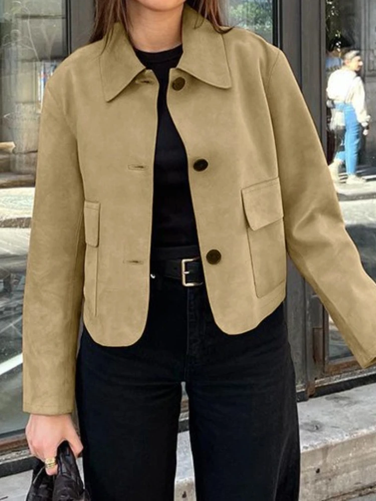 

New in Fashion Autumn/Winter Casual Long Sleeve Turn-down Collar Single Breasted Pockets Solid Color Slim Fit Jacket for Women