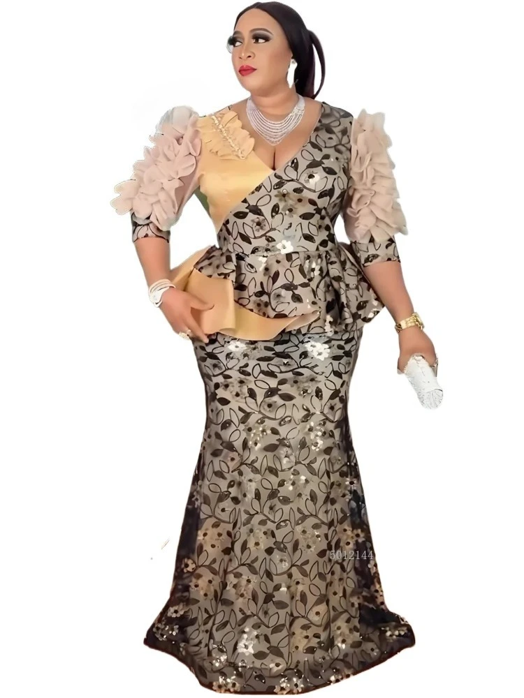 

Африканское платье русалки больших размеров с баской и v-образным вырезом, с прозрачными рукавами и блестками, цветочное платье, вечернее платье для свадебной вечеринки