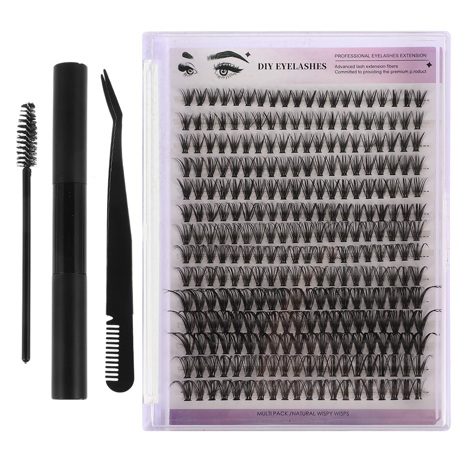 1 Set Diy False Eyelash Kit Individual Lashes Cluster Extensions Natural Look Portable Tools Remover Curved Tweezers Combs Brush