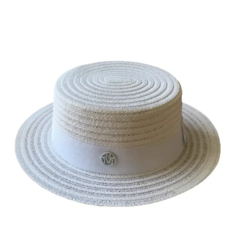 Women's hat white woven label trendy flat-topped dress versatile for daily use outdoor and shade
