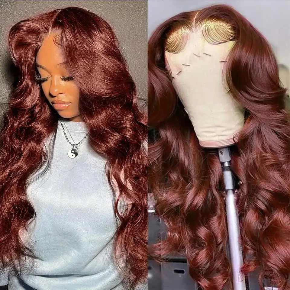 250% Reddish Brown Body Wave Lace Frontal Human Hair Wig 13x4 13x6 HD Lace Frontal  Wigs Body Wave Lace Front Human Hair Wig 180