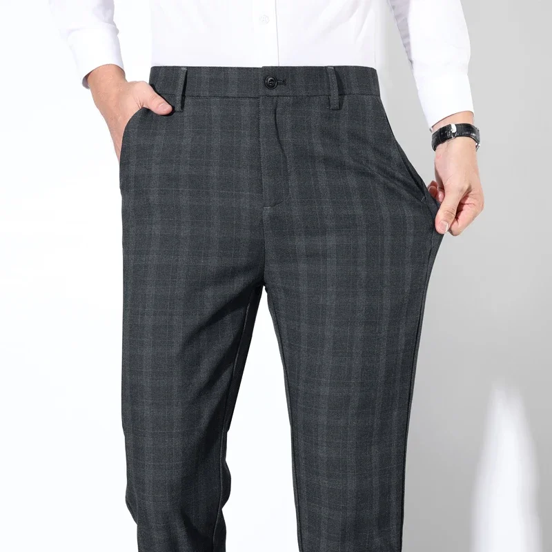 Autumn Winter Men\'s Plaid Striped Suit Pants Cotton Stretch Straight Business Casual High Quality Classic Fashion Trousers Male