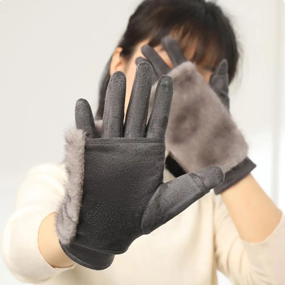 

Suede Gloves Rabbit Fur Gloves Touch Screen Hand Protection Riding Cold-proof Warm Windproof Thickened Women Fur Gloves