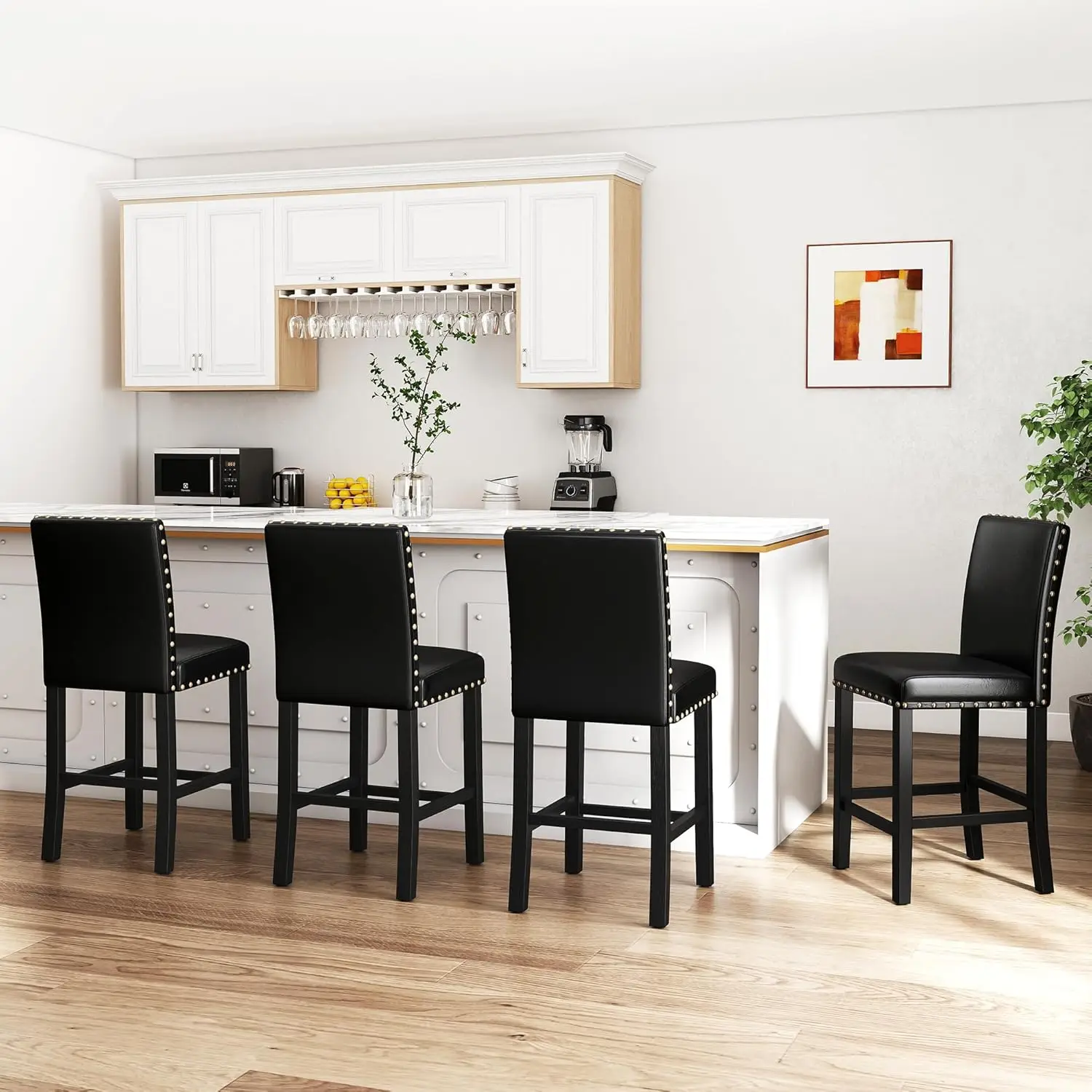 Conjunto de 4 bancos de bar de 24', altura de balcão com encosto, pernas de madeira, estofados em couro PU, preto