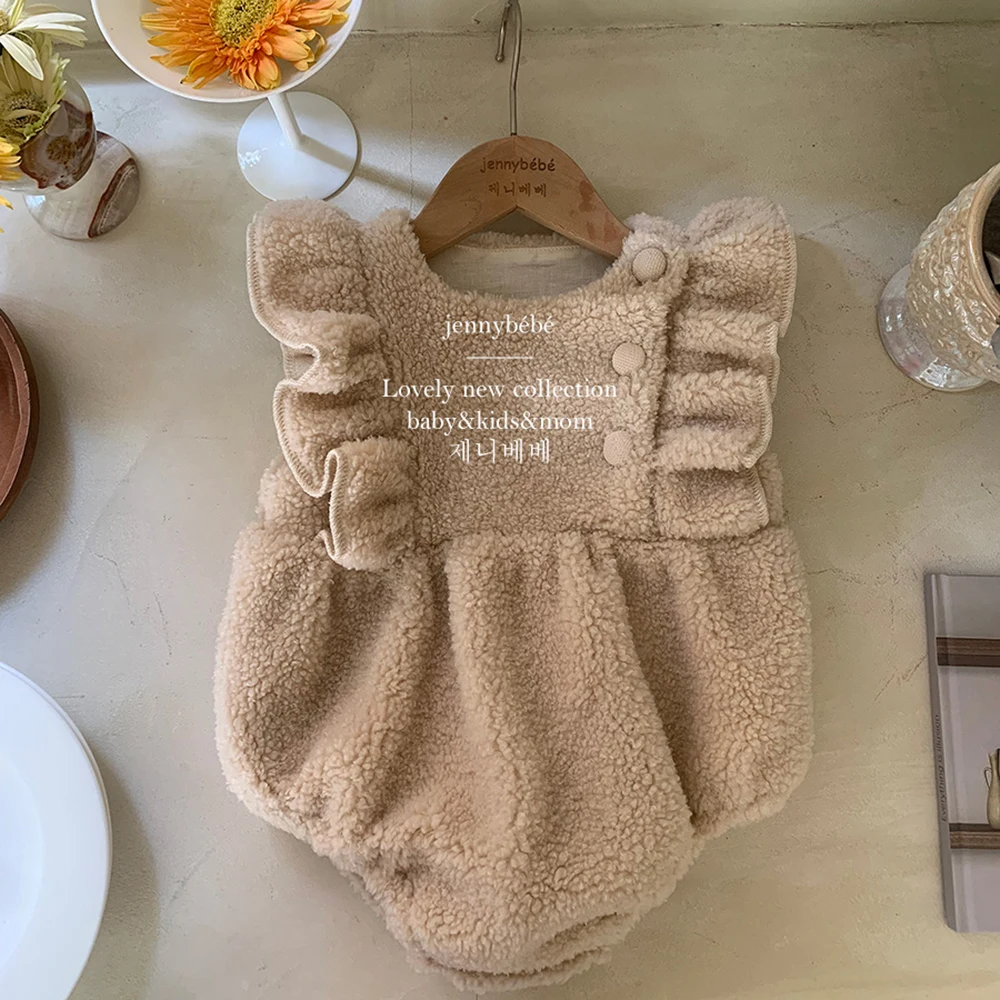 Winter Newborn Baby Clothes Warm Thick Ruffles Lace Terry Bodysuit for Toddler Girls One-Piece Clothing Baby Overalls Christmas