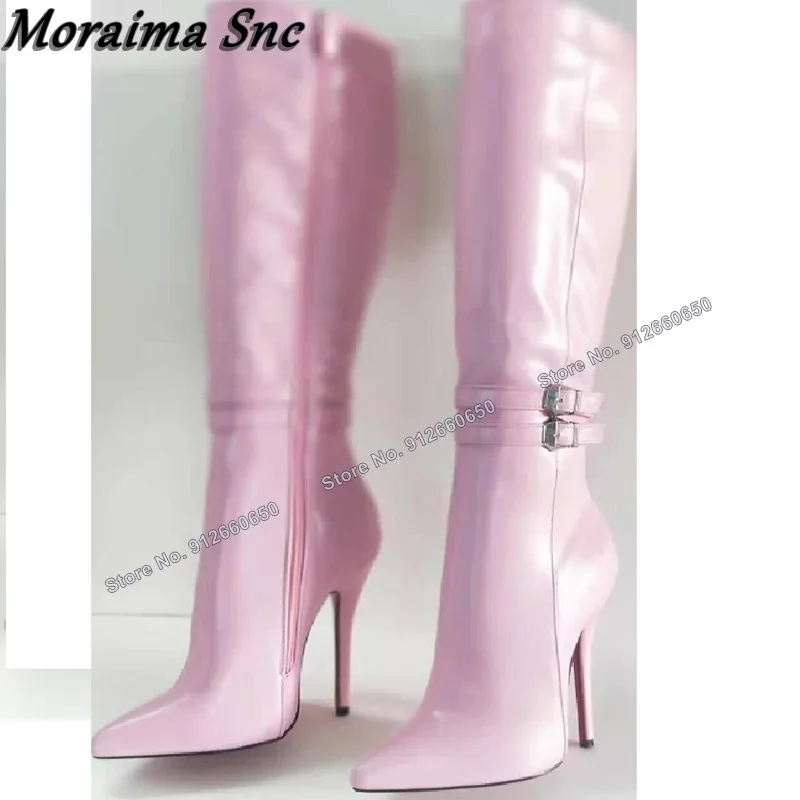 

Moraima Snc Red Pink Solid Patent Leather Boots for Women Knee High Boots Pointed Toe Stilettos High Heels Runway Shoes on Heels