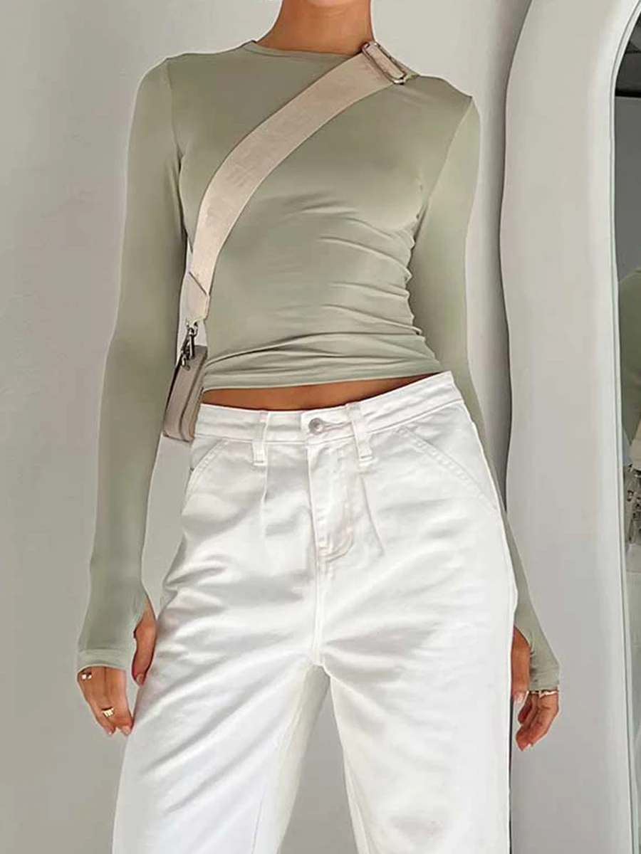 여성용 엄지 구멍이 있는 기본 티셔츠, 긴팔 크루넥, 단색 슬림핏, 기본 크롭탑, 스트리트웨어, 패션