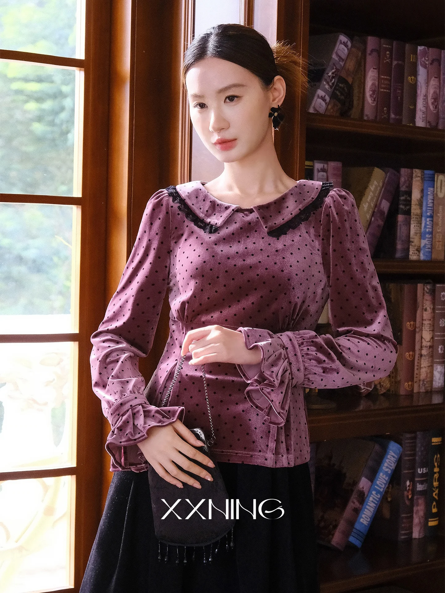 

XXNING Velvet Polka Dot Print irt Women's Spring New Sle Inner Wear Slim Fit Top Faion French Sle Polyester Blend