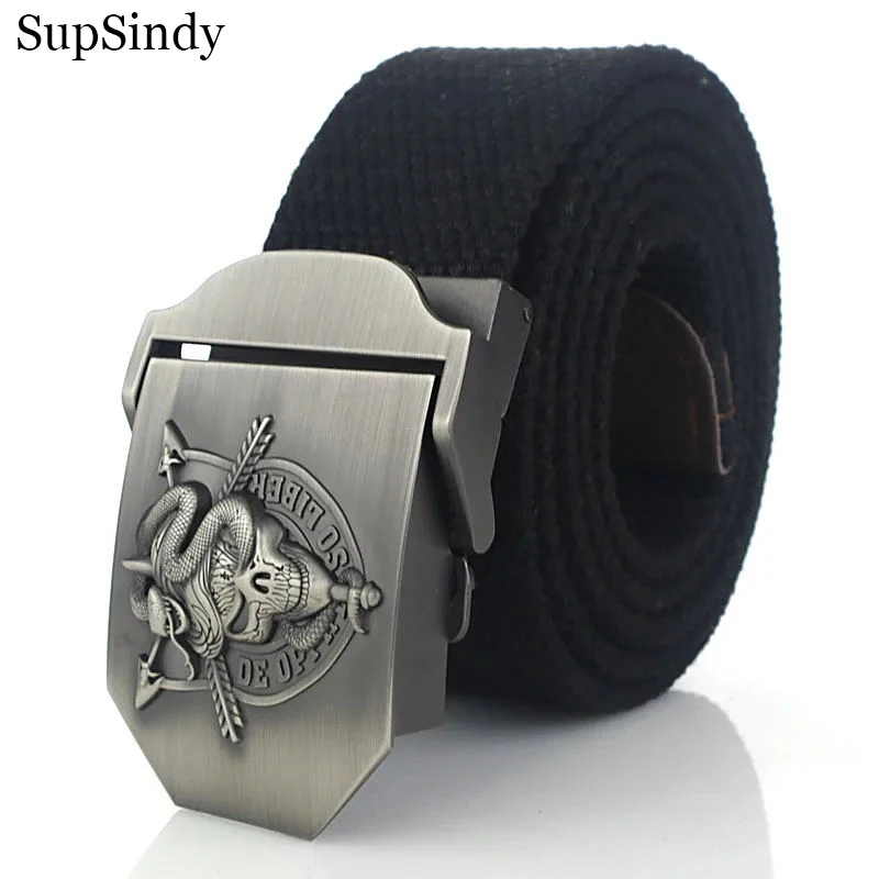 SupSindy Men Canvas Belt Luxury Skull Metal Buckle Army Military Tactical Belts for Men Jeans Waistband Soldier Male Strap Black