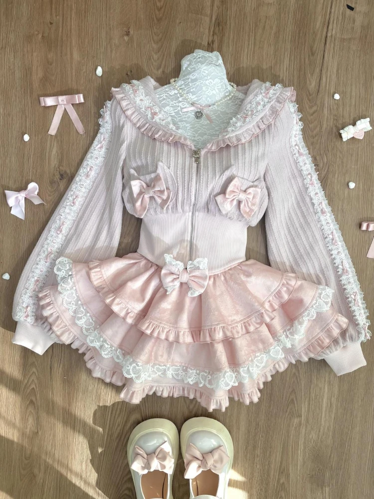 

New Sweet Lolita Harajuku 2 Piece Set Women Zipper Slim Coat + Mini Fluffy Skirt Japanese Fashion Pink Cute JK Suit Spring 2025