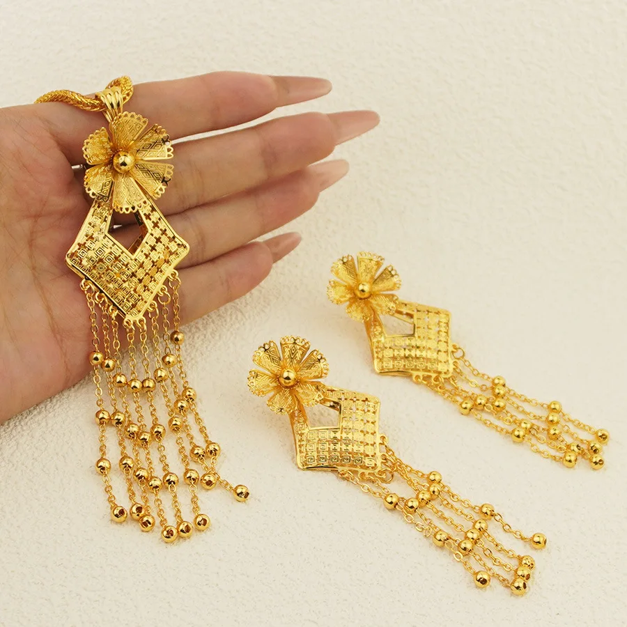 9999 gold hollow flower design necklace and earrings jewelry set, East Africa, Ethiopia fringed set