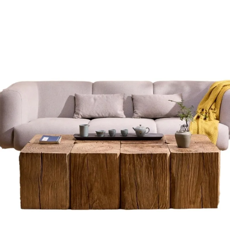Wooden pier, stump base ornament, solid wood entrance table, living room combination coffee table