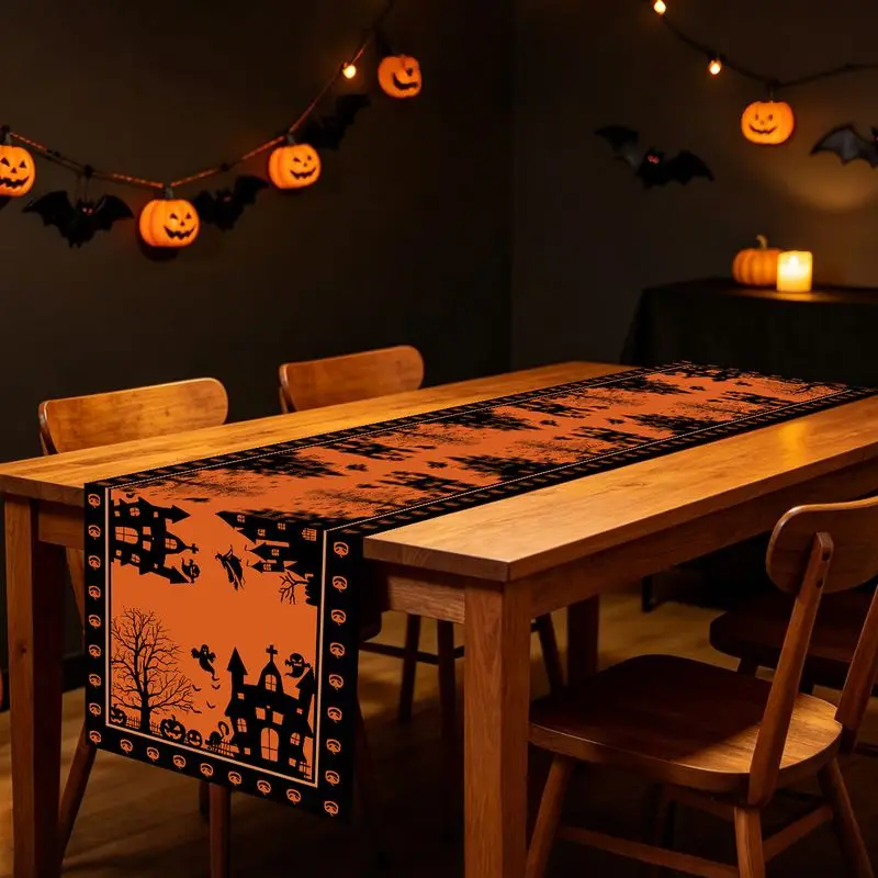 VIKAMA Halloween Haunted Castle Witch Bat Table Runner Spooky Indoor Dining Table Family Holiday Dinner Tabletop Decor