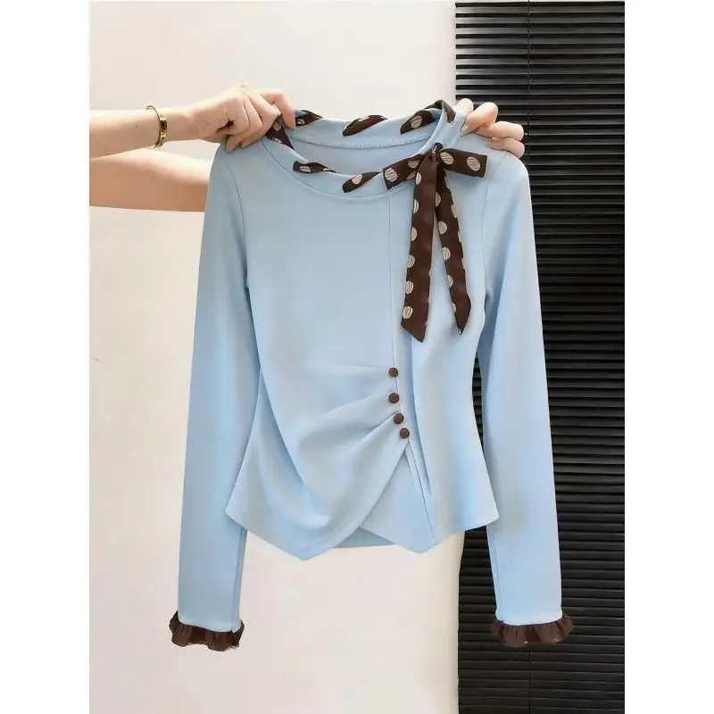 Women's Spring and Autumn Korean-style Light Blue Polka Dot Flutter Ribbon Pleated Fitted Peter Pan Collar Long Sleeve T-shirt