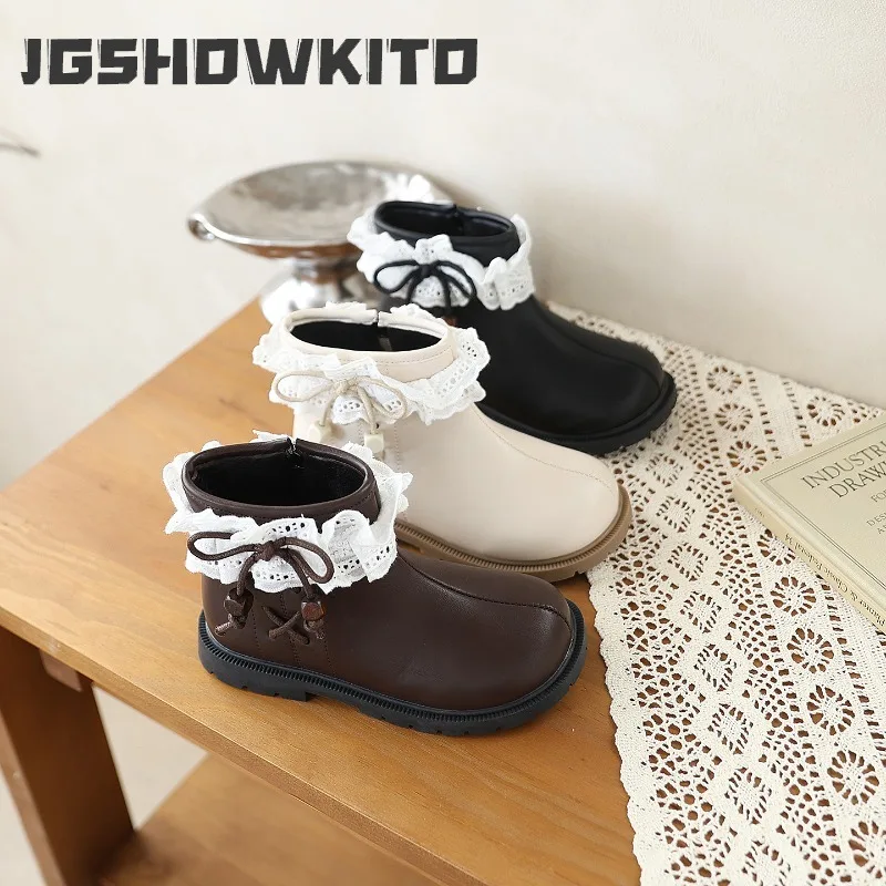 JGSHOWKITO Little Girls Ankle Boots Winter Lace Ruffle Bow Children Cotton Boots Side Zipper Non Slip Kids Princess Plush Boots