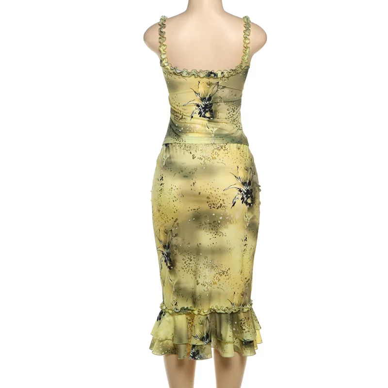 Women's Dress 2 Piece Floral Print Satin Outfit Ruffle Trim Cami Top Midi Skirt Set Y2K Vintage Bodycon Dress for Vacation Party view 3