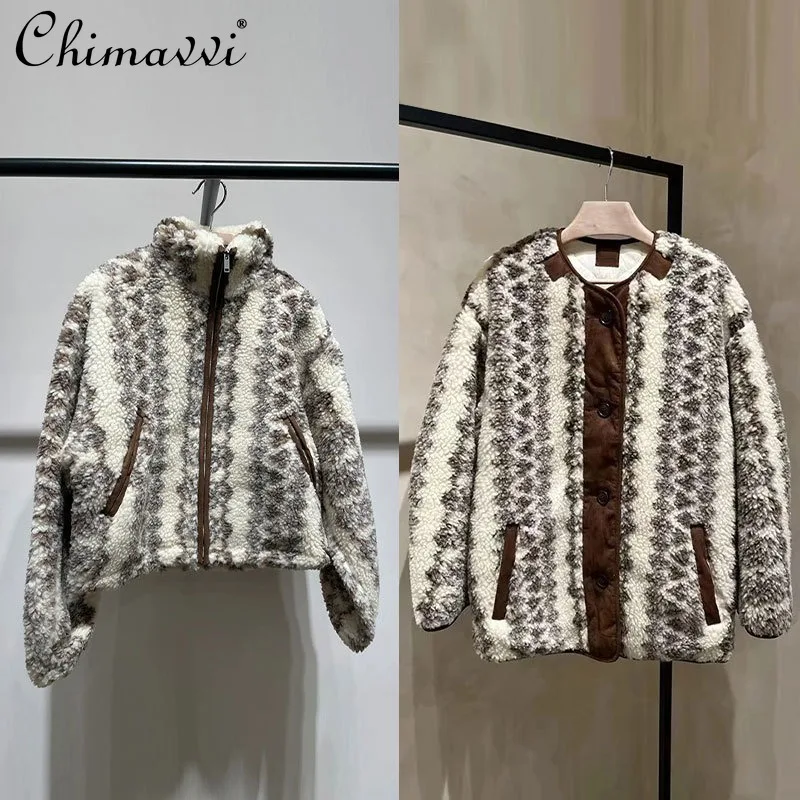 

French Niche 2025 Autumn and Winter New Printed Zipper Fleece Jacket Wearing Button Cotton Clothes on Both Sides For Women