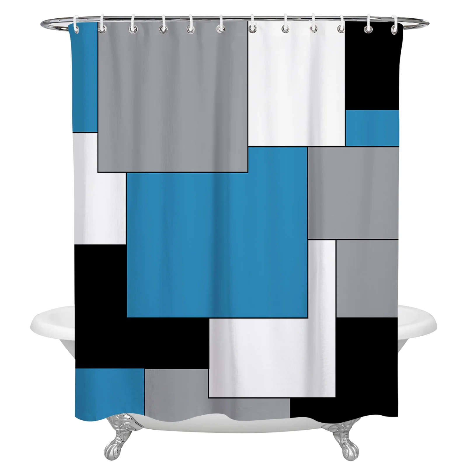 Blue Black Grey Patchwork Abstract Art Medieval Style Waterproof Shower Curtain Printed Bath Curtains Bathroom Decoration