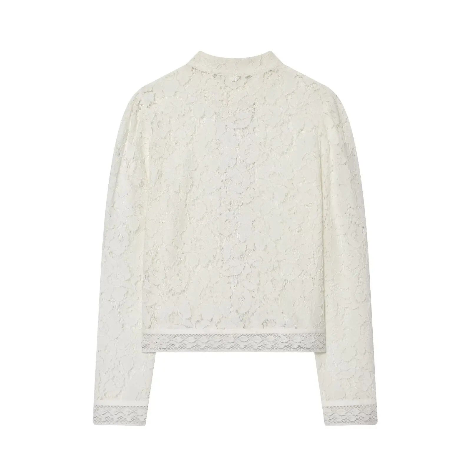 Damska koronkowa bluzka NINE ZAR z stójką, długim rękawem, podkreślająca talię, zapinana na guziki, idealna do pracy, dopasowany krój, modna.