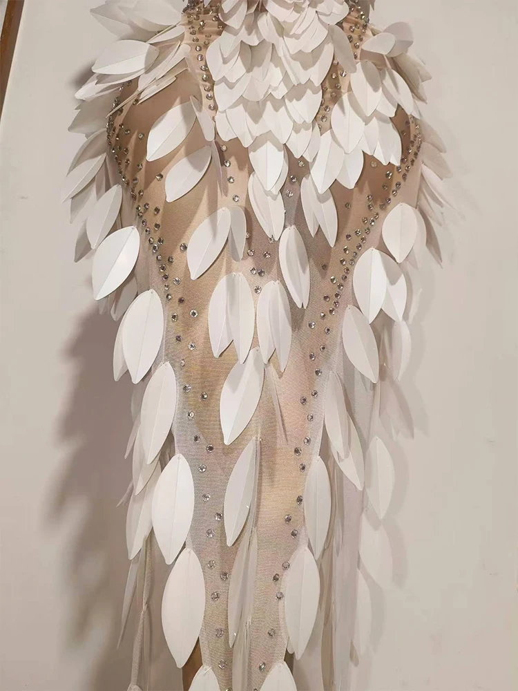 Sparkly Rhinestone 3D White Plastic Feather Shape Split Dress Trailing Sexy Mesh See Transparent Birthday Party Celebrate Show view 4