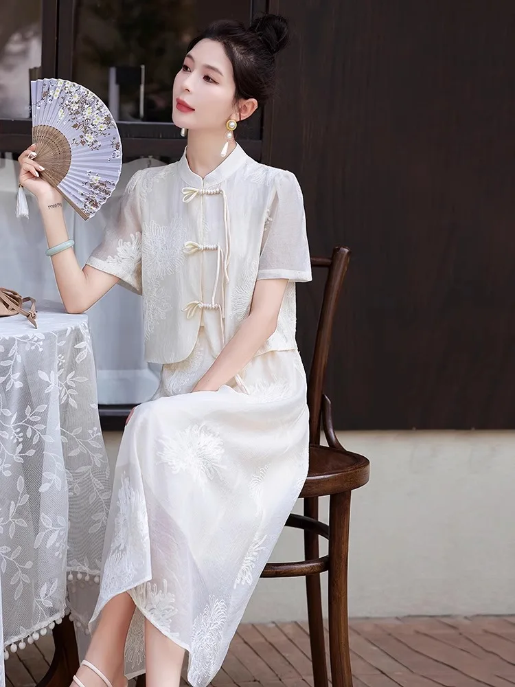

Women Clothing National Style Jacquard Summer New Chinese Style Short Sleeve Shirt Top Half Skirt Set Fashion Two Piece Sets