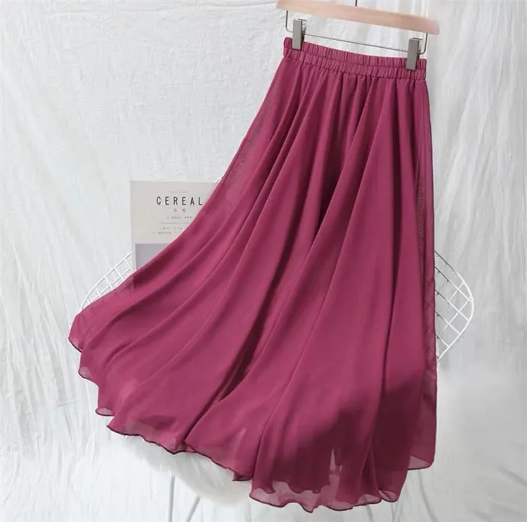 Wiosenna jesienna moda damska plisowana spódnica damska z wysokim stanem czarna różowa czerwona żółta, długa sukienka szyfonowe spódnice maxi szata femme — zdjęcie 4