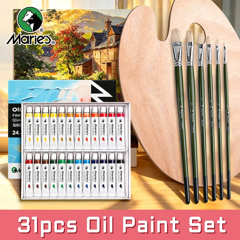 Marie's 31pcs Oil Paint Kit, 24 Colors Vibrant Pigments, 6pcs Paint Brushes and 1pc Wooden Palette,  for Artist & Hobbyists