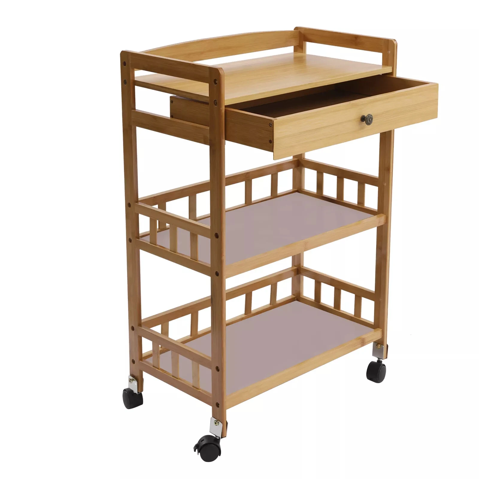 

Rolling Bamboo Kitchen Trolley with 3-Tier Shelves & Storage Drawer
