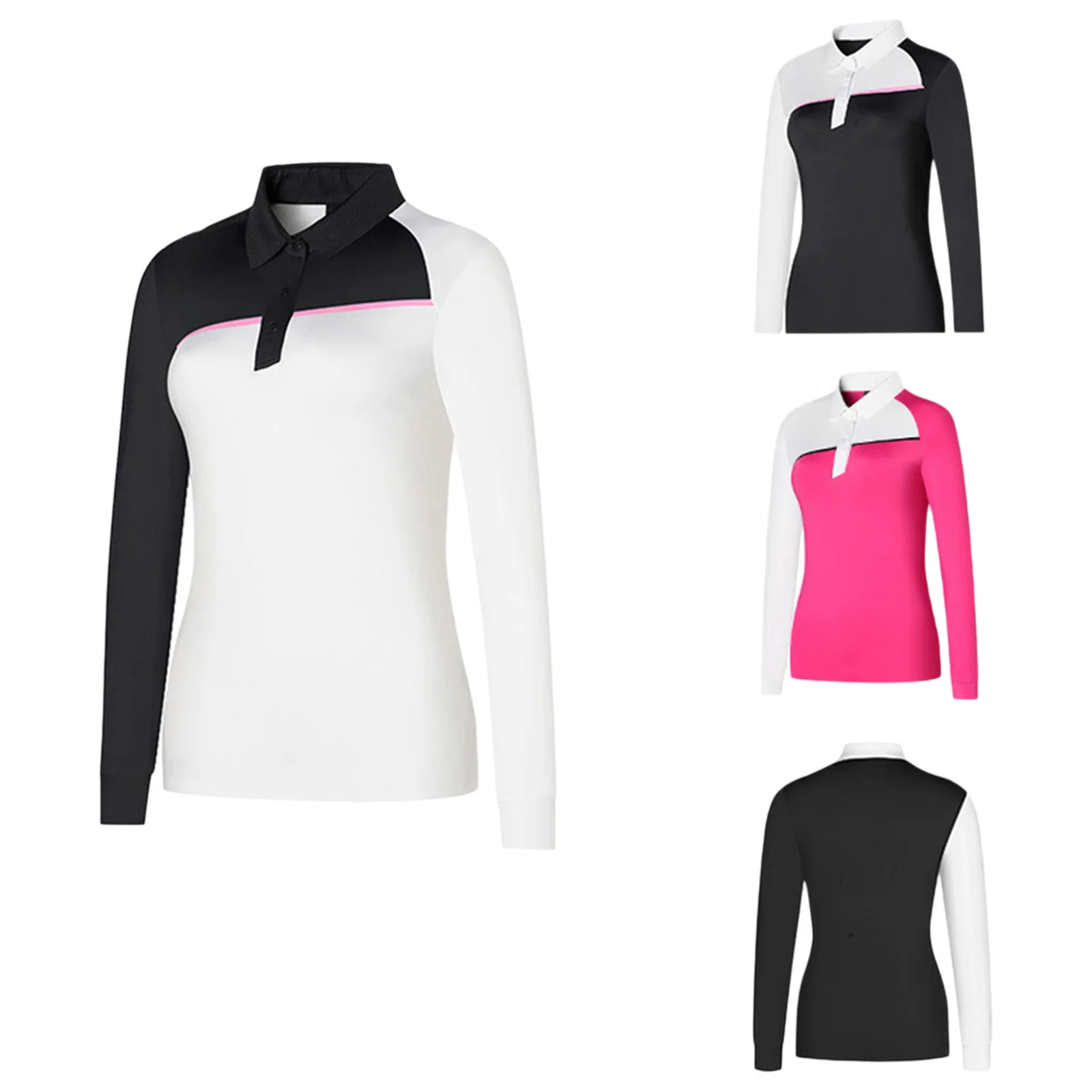 #S-3XL Women Color Block Golf Tops Turn-Down Collar Long Sleeve Quick-Drying Breathable T-Shirt for Golfing Sports Workout