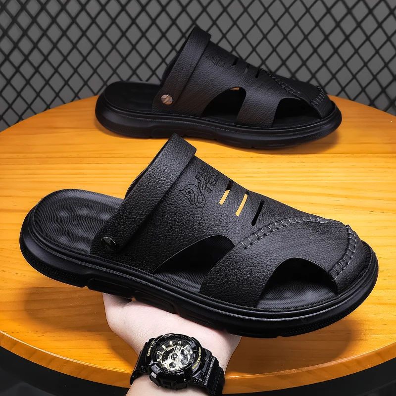 Mens Leather Sandals Summer Classic Mens Slippers Soft Sandals Fashion Casual Comfortable Outdoor Beach Walking Shoes