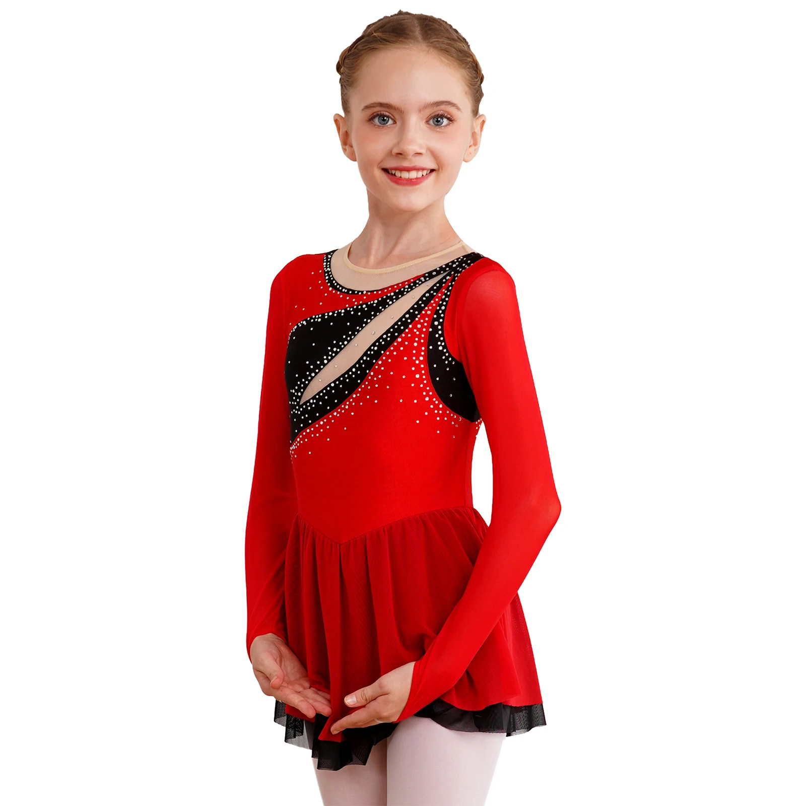 Kids Girls Figure Skating Costume Lyrical Dance Dress Long Sleeve Shiny Rhinestone Ballet Leotard Gymnastics Performance Dresses