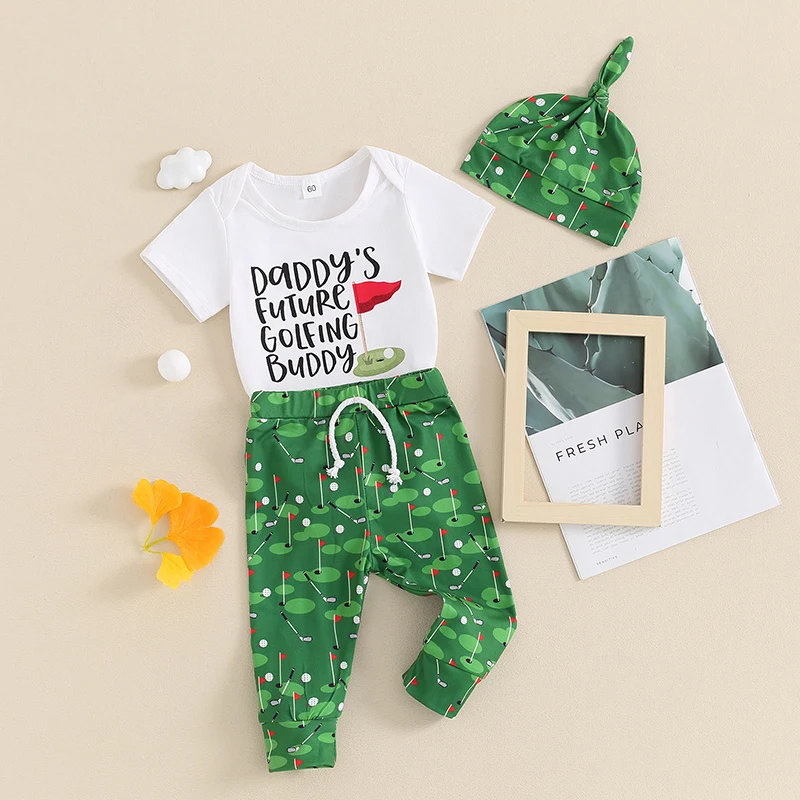 Sommer Baby Jungen Outfits Brief druck Rundhals ausschnitt Kurzarm Stram pler Golf Print lange Hosen Hut 3 Stück Kleidung Set