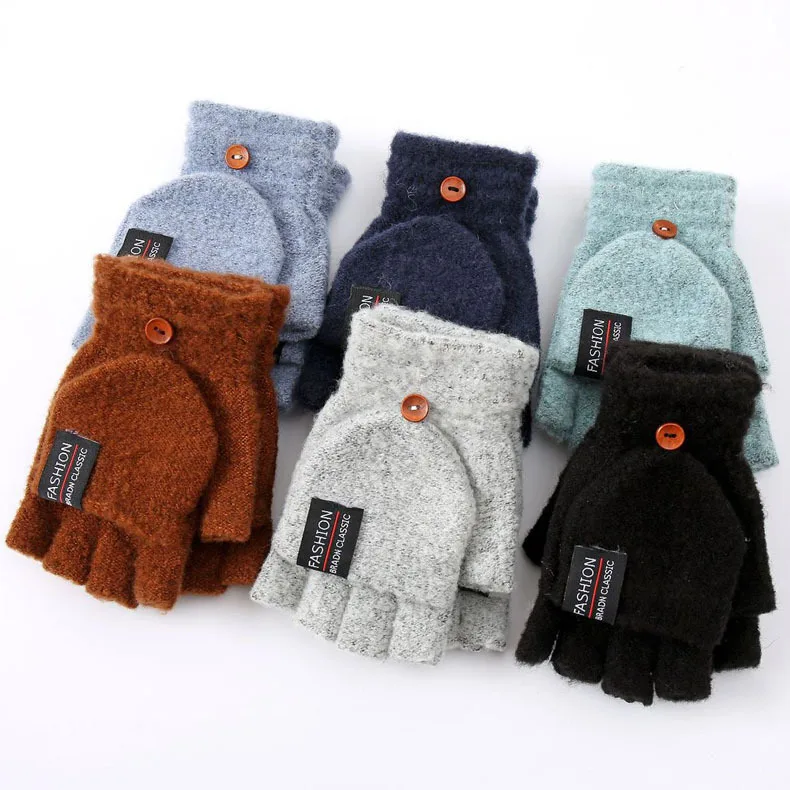 Inverno nova malha flip metade dedo luvas masculinas e femininas capa traseira luvas quentes luvas grossas