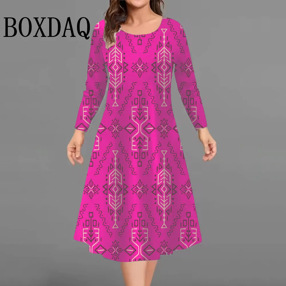 เดรสสั้นพิมพ์ลาย 3 มิติ สไตล์วินเทจ สำหรับผู้หญิง ฤดูใบไม้ร่วง ฤดูหนาว แขนยาว แฟชั่นลำลอง ไซส์ใหญ่ ทรงเอไลน์ รุ่นใหม่ ปี 2025  ไซส์ 9XL